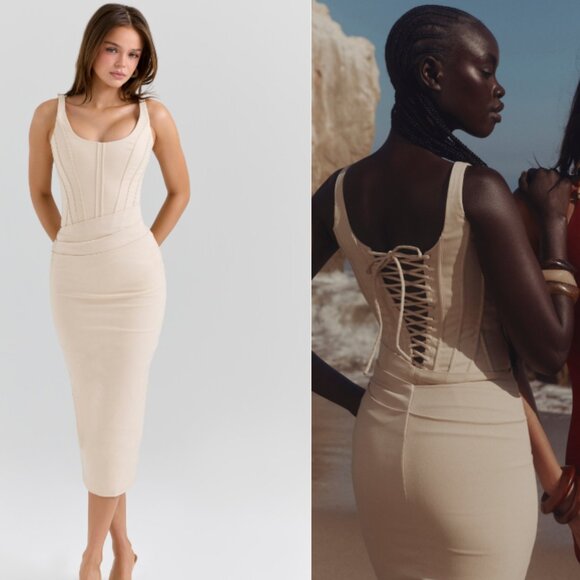 House of CB Dresses & Skirts - HOUSE OF CB 'Samya' Almond Corset Midi Dress NWOT